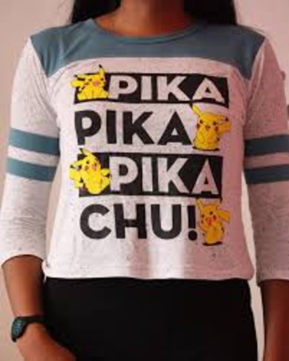 Pokémon Womens Tee T-Shirt 3/4 Sleeve Striped Colorblock Pikachu Sz XS